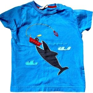 Mini Boden blue shark appliqué t shirt size 1.5-2 yrs old